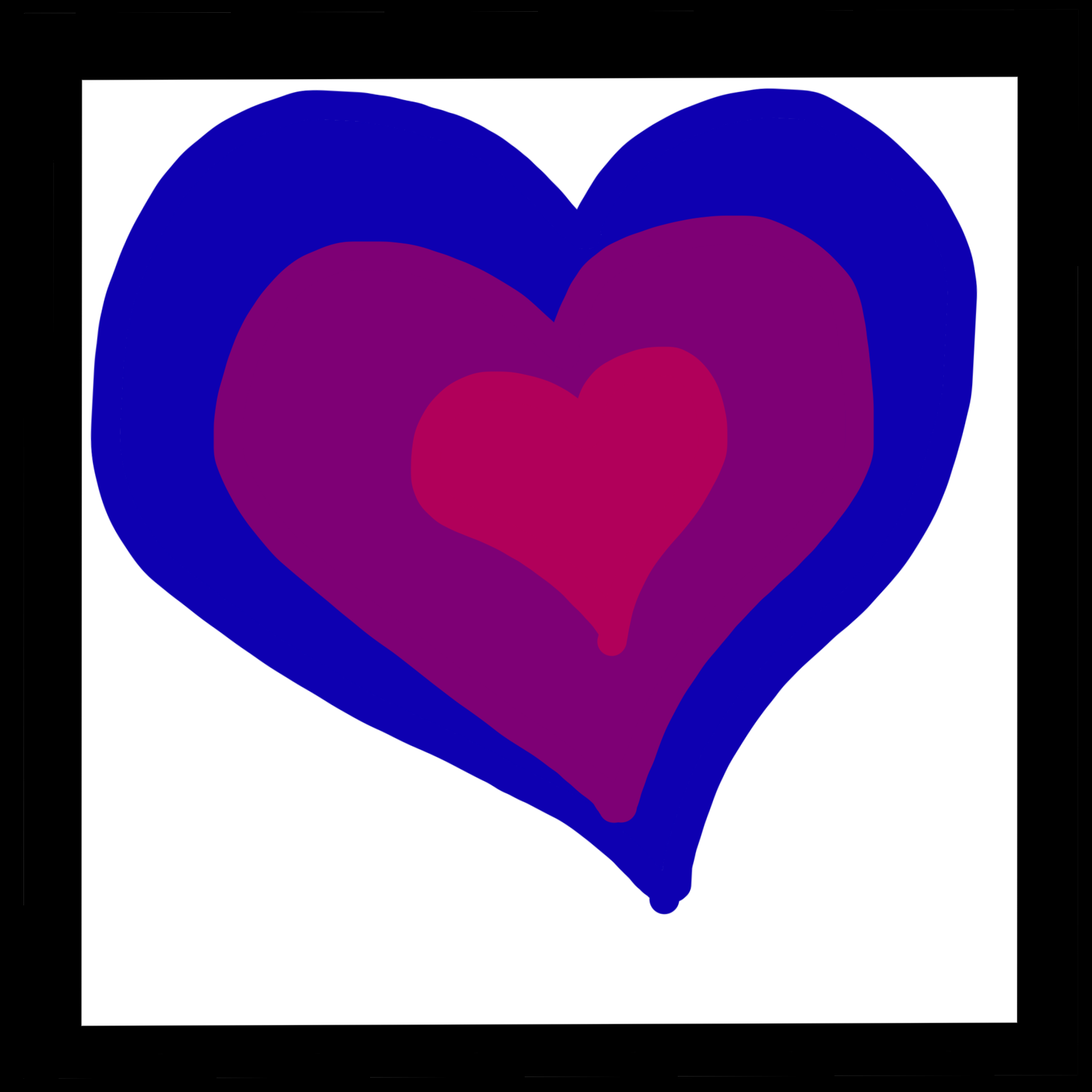 A black square with three concentric hearts in it. The largest is a blue heart, inside is the second heart with is purple, and inside that one is the third one with is magenta.